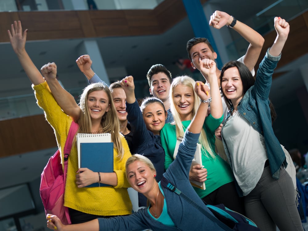 happy students group  study in classroom